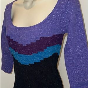 Cache Purple Blue and Black Metallic Knit Sweater